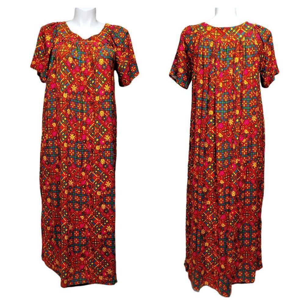 Vintage‎ 70s Benlee Bright Barkcloth Abstract Floral Muumuu Maxi Floral Dress